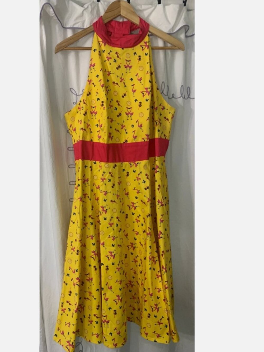 Disney Dress Shop Flamingo Dress XL Mickey Mouse Women's Halter Swing Yellow New